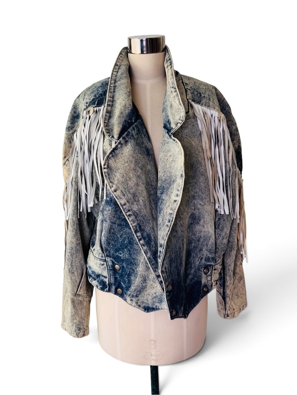 Vintage 80s Distressed Acid-Wash Fringe Denim Jacket - White Fringe